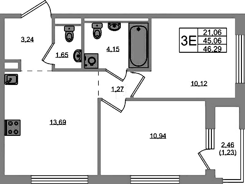 2-комнатная квартира 46.29 м², 1/12 эт., ЖК «GloraX Новоселье»